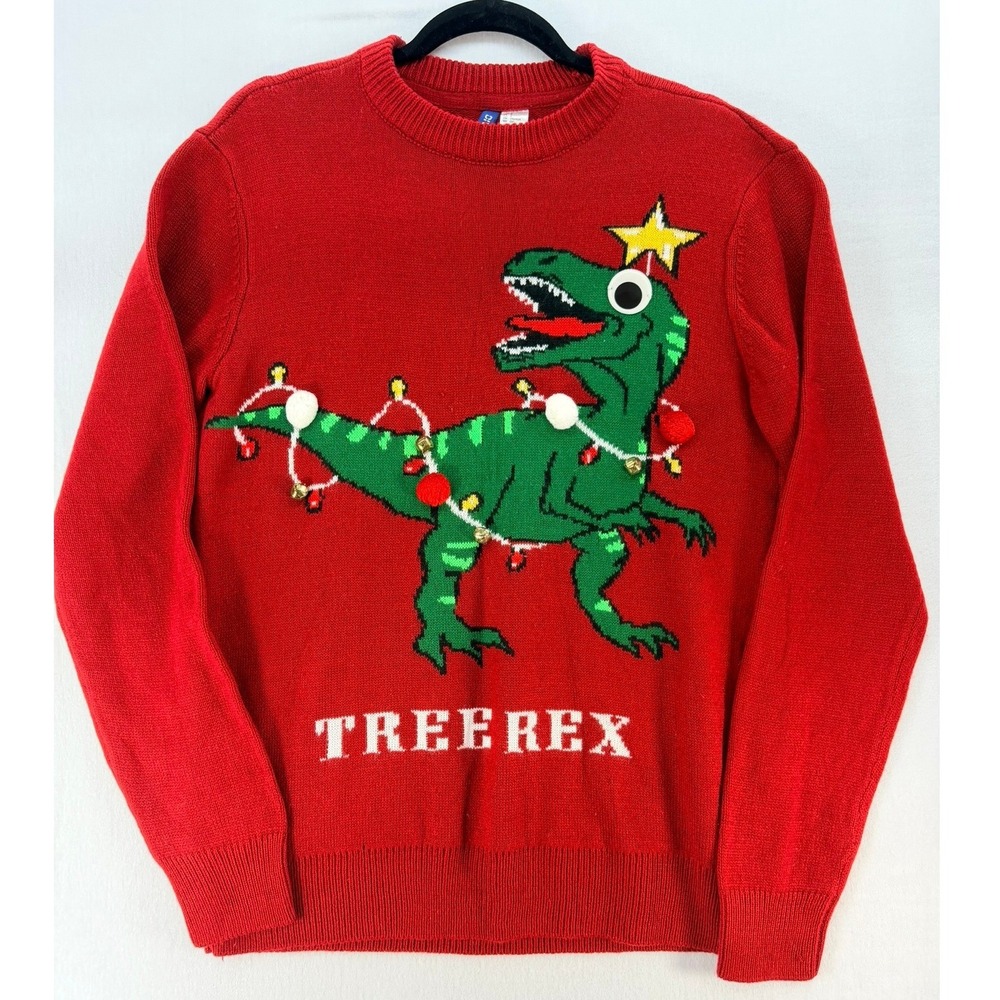 H&M Divided Mens Sm Red Tree Rex Dinosaur Ugly Christmas Sweater Pom Jingle Bell